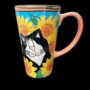 Catzilla Cats Sunflowers Candace Reiter 1999 Handpainted 16oz Tall Ceramic Mug
